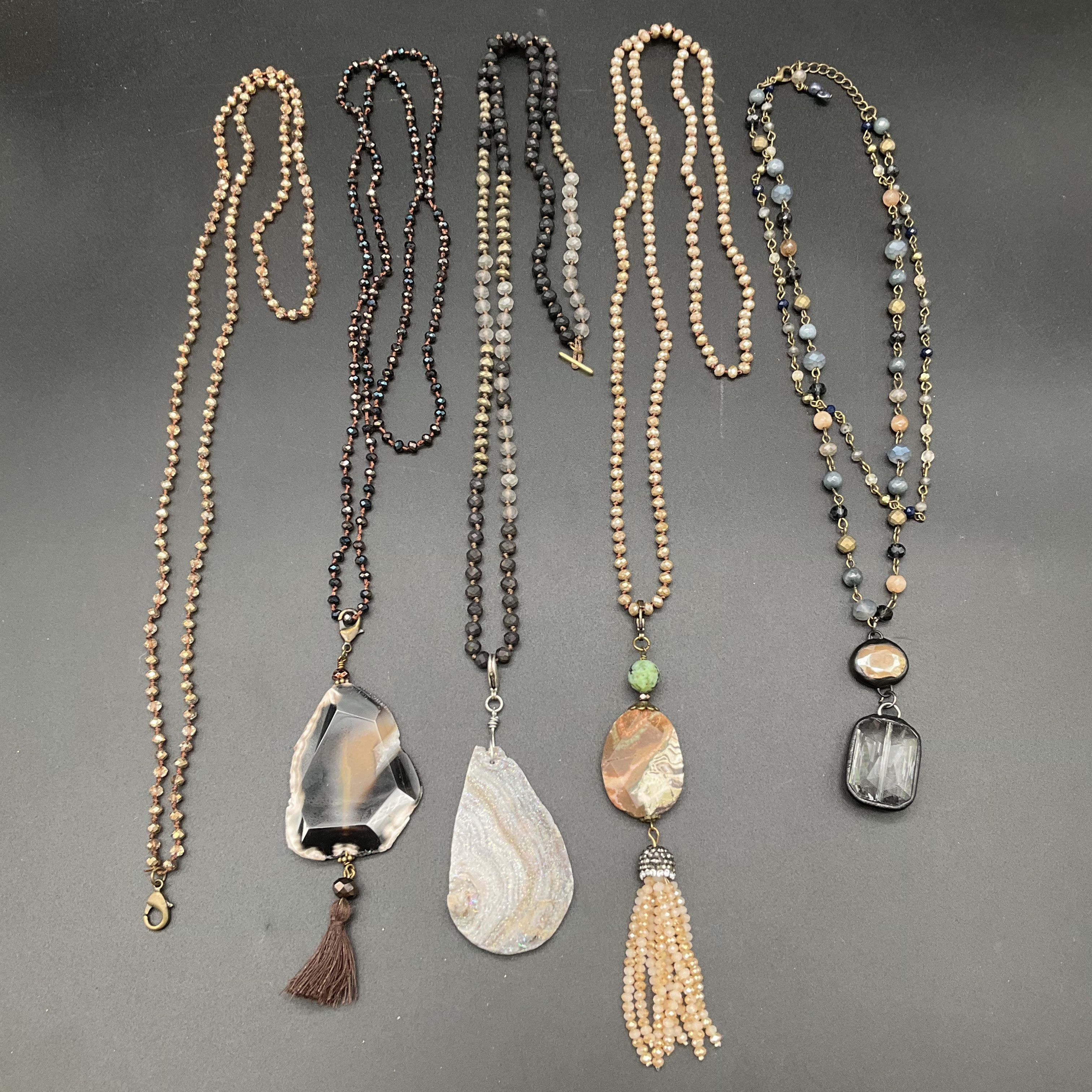 Beaded Necklace Lot 5 Agate Stone Druzy Tassel Pendants Boho Style