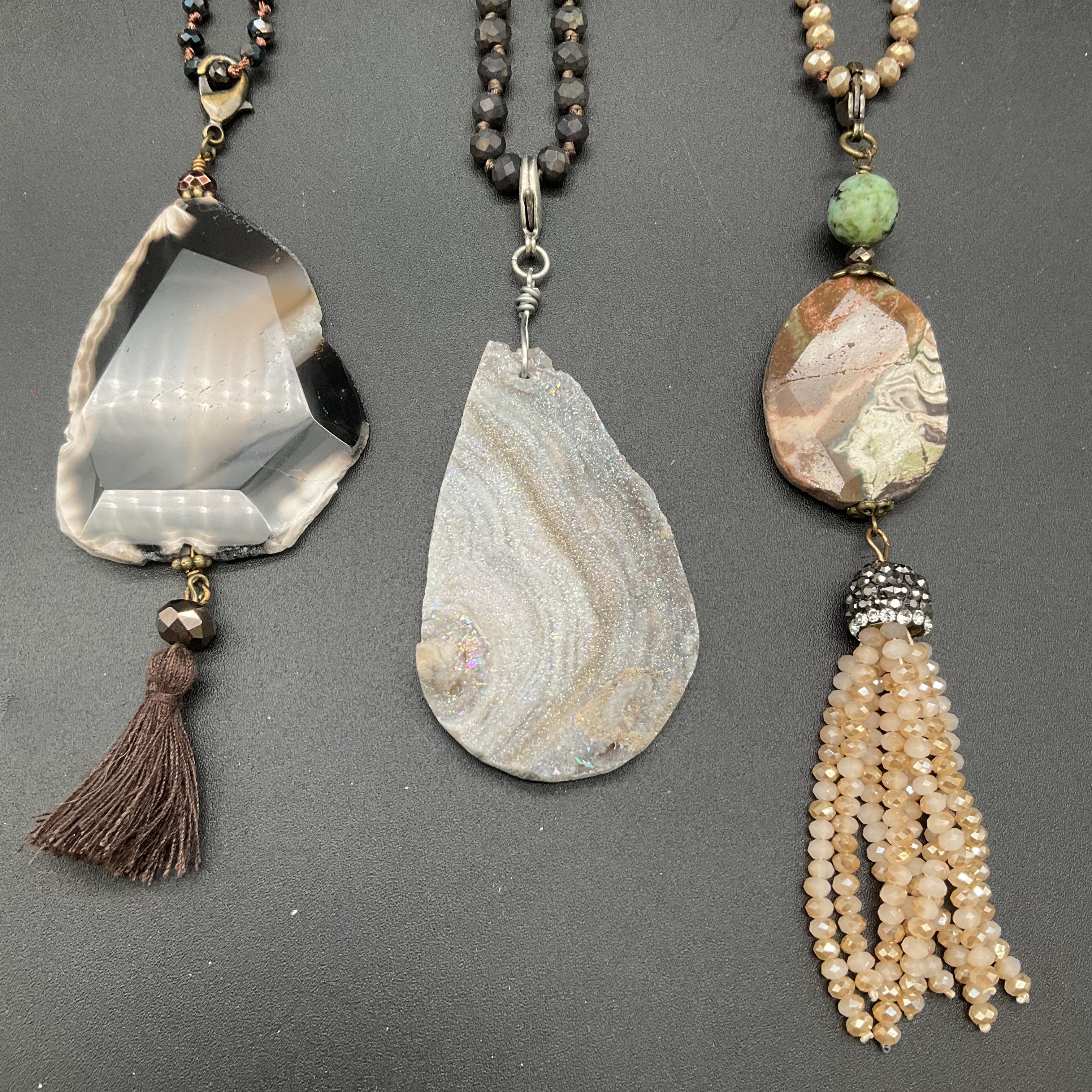 Beaded Necklace Lot 5 Agate Stone Druzy Tassel Pendants Boho Style - Image 3