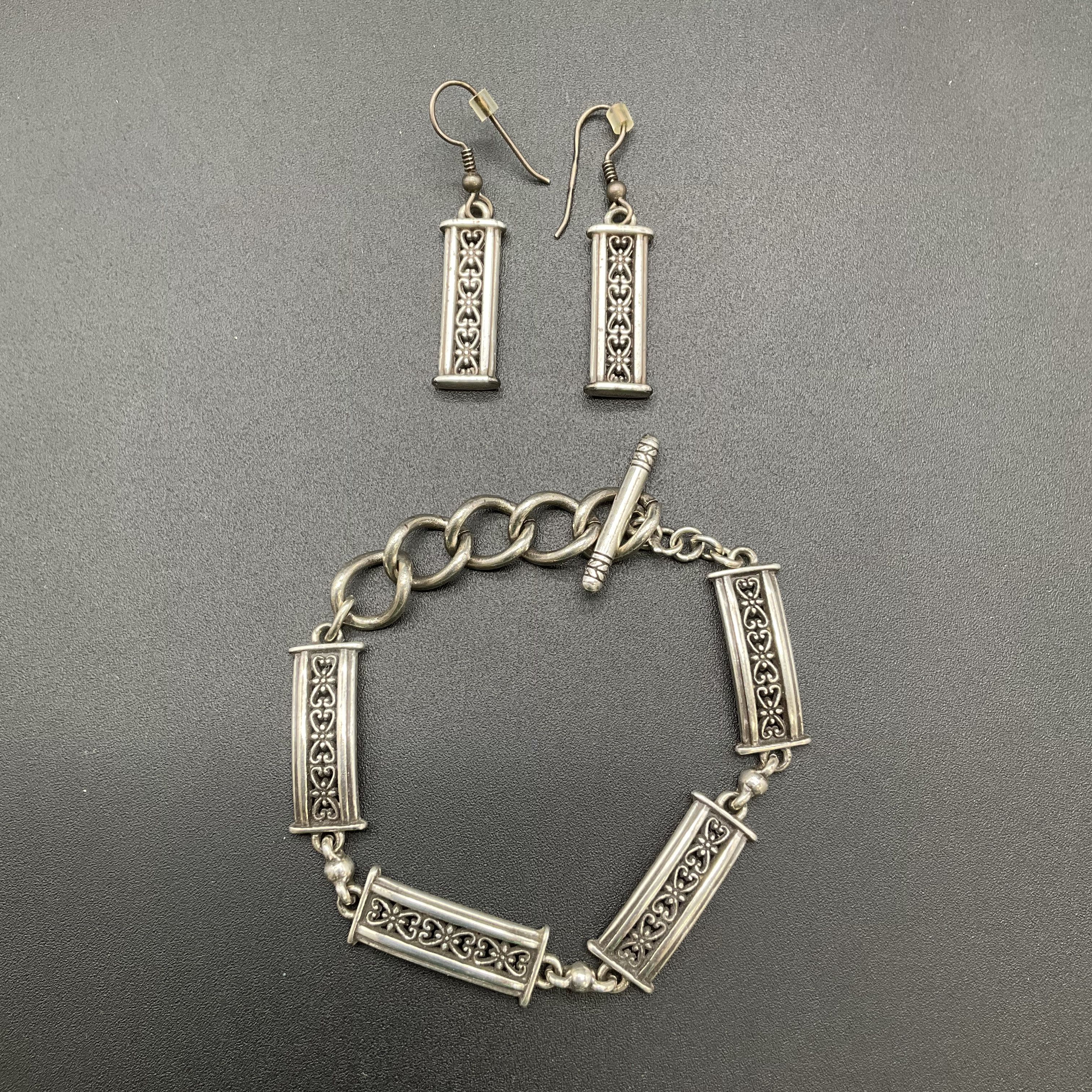 Brighton Silver Tone Ornate Filigree Toggle Bracelet and Dangle Earrings Set