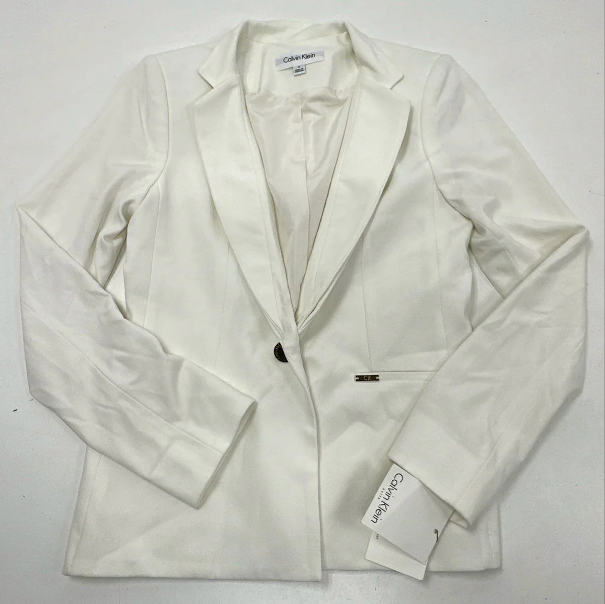 Calvin Klein Women's Cream Single Button Blazer Jacket Gold Hardware Sz 2 NWT