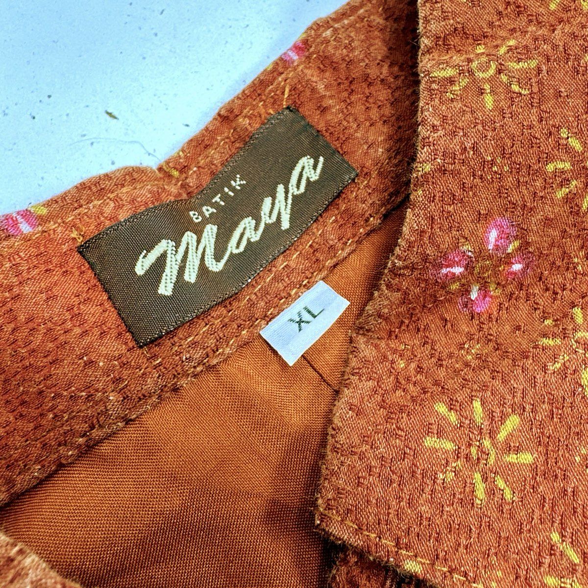 Vintage 70s Batik Maya Long Sleeve Button Down Shirt Floral Geometric Sz XL - Image 3