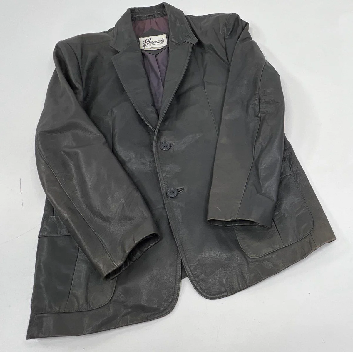 Vintage 80s Berman's Leather Blazer Two-Button Jacket Gray Sz 44