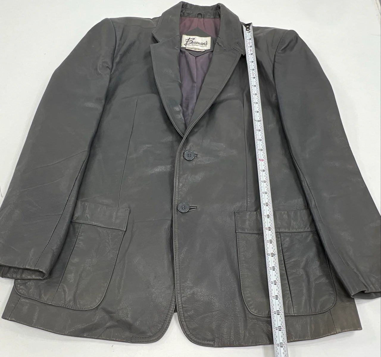 Vintage 80s Berman's Leather Blazer Two-Button Jacket Gray Sz 44 - Image 3