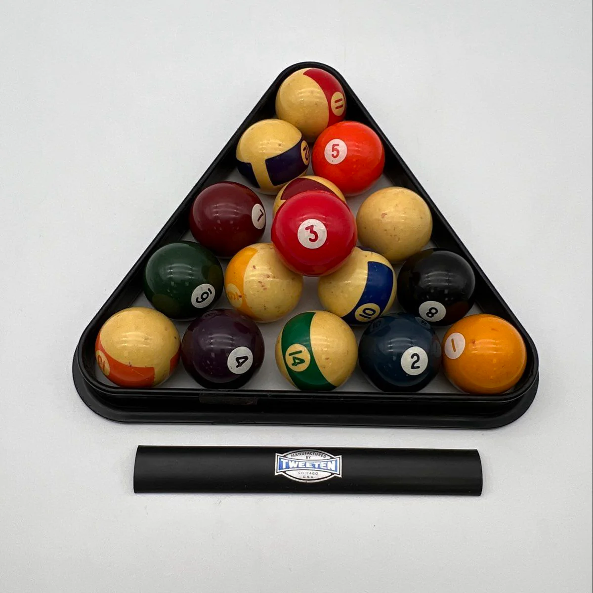 Vintage Billiard Ball Set 16 Balls With Tweeten Rack Master & Silver Cup Chalk - Image 4