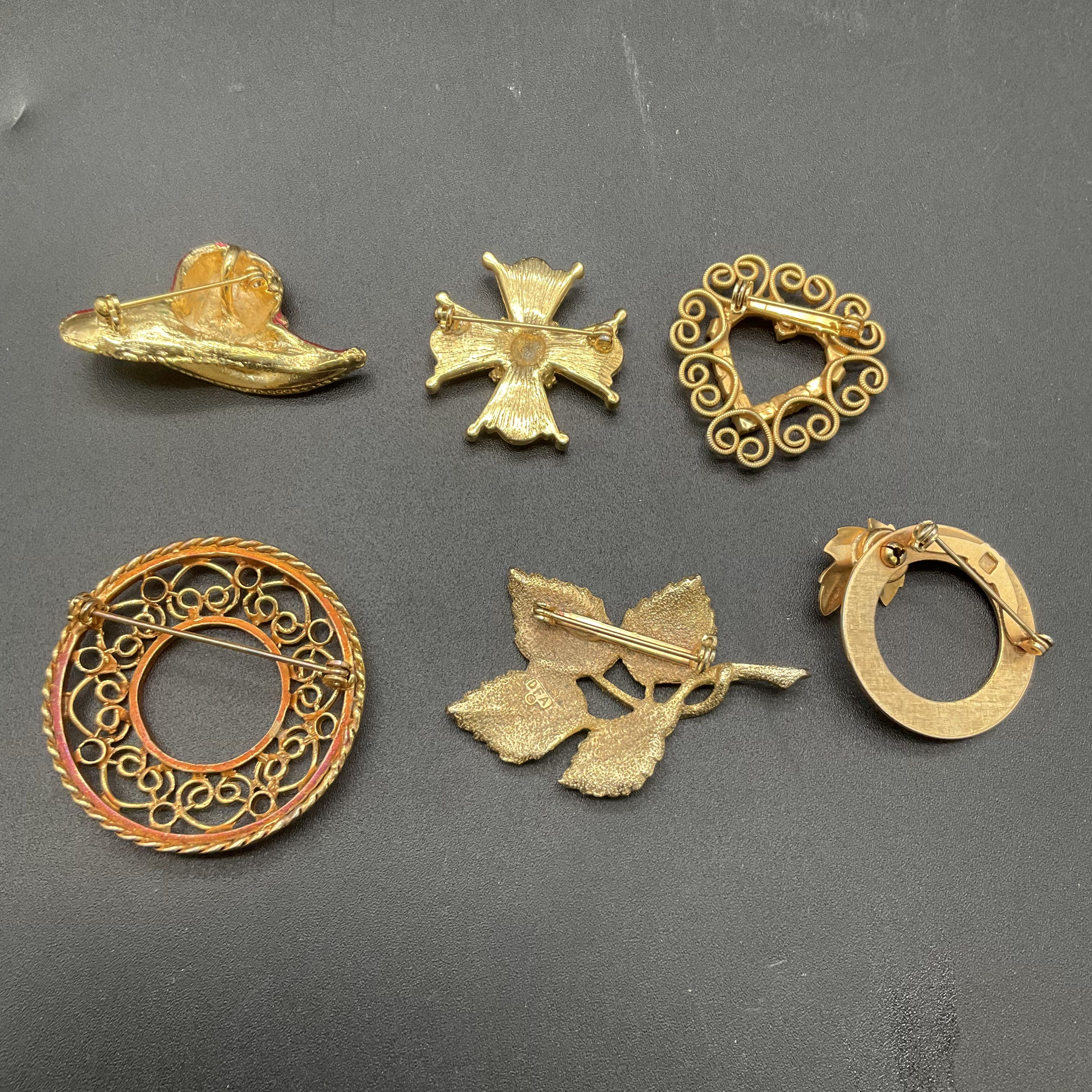 Vintage Gold Tone Brooch Lot of 6 DFA Rhinestone Enamel Red Hat Maltese Cross - Image 3