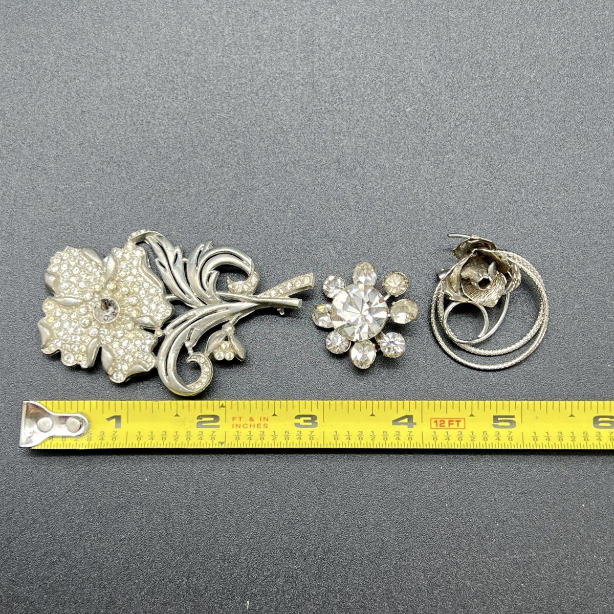 Vintage Silver Tone Rhinestone Floral Brooch Pin Lot of 3 Rose Starburst - Image 5